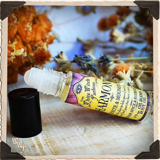 WhiteWitchParlour.com HARMONY Elixir BODY OIL Rollon. Scent of Cedar, Spice & Bayberry. Blessed by Selenite ,Moonstone Crystals. aromatherapy, perfume, oils Gray