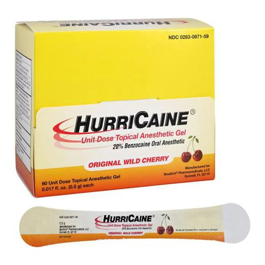 HurriCaine Hurricaine Gel 20% Benzocaine Wild Cherry Box of 60 Individual 0.5g Unit Doses Medicine & Drugs White Smoke