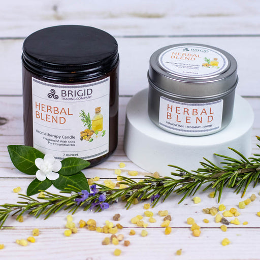 Brigid Trading Company Herbal Blend Soy Wax Candle - Frankincense, Rosemary, and Myrtle Aromatherapy Candle Light Gray 7oz amber jar,3oz pewter tin