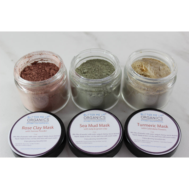 Butter Me Up Organics Clay Face Mask Trio Rose Clay French Green Clay Kaolin Clay Turmeric Kelp Calendula Face Gray Rose Clay Mask,Sea Mud Mask,Turmeric Mask,Mask Trio Set