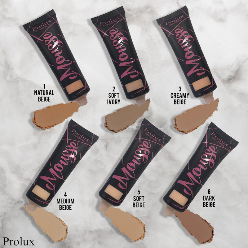 Prolux Cosmetics Mousse Foundation Face Foundation Light Gray 1 Natural Beige,2 Soft Ivory,3 Creamy Beige,4 Medium Beige,5 Soft Beige,6 Dark Beige,11 Golden Neutral,12 Nude Fair,13 Honey,14 honey Fair,15 Golden Dark,16 Spiced Almond