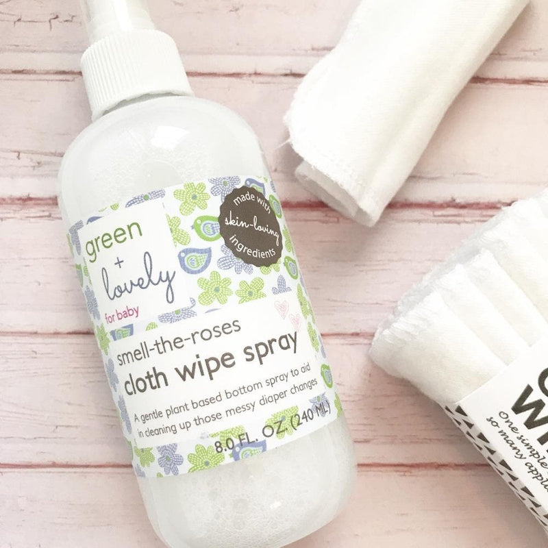Green + Lovely Organic Smell the Roses Cloth Diaper Wipe Spray - Rose Water Infused - 8 oz. Smell the Roses Cloth Wipe Spray. Bottom Spray. Antique White 8 oz bottle