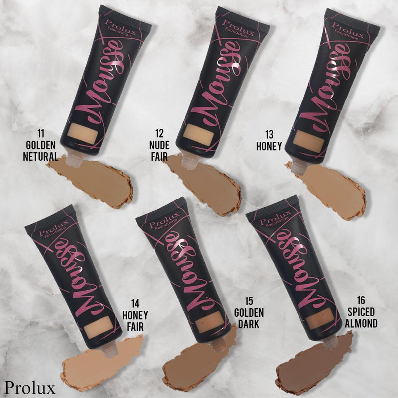 Prolux Cosmetics Mousse Foundation Face Foundation Light Gray 1 Natural Beige,2 Soft Ivory,3 Creamy Beige,4 Medium Beige,5 Soft Beige,6 Dark Beige,11 Golden Neutral,12 Nude Fair,13 Honey,14 honey Fair,15 Golden Dark,16 Spiced Almond