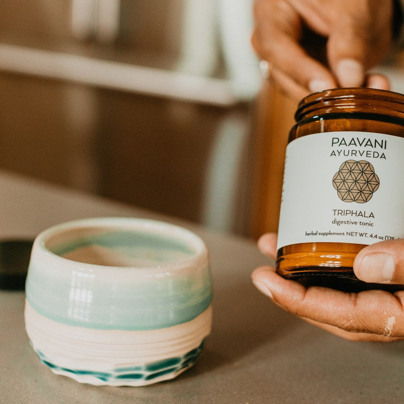 Paavani Ayurveda Triphala | Ayurvedic Superfruit Blend for Digestion, Detox & Daily Elimination simple Saddle Brown Glass Jar,Compostable Refill