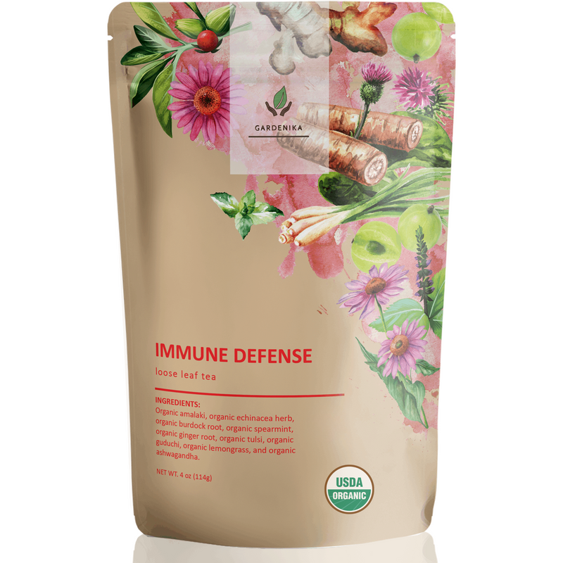 Gardenika Shop Immune Defense Tea, Echinacea Ashwagandha | Organic Herbal Blend Loose Leaf Tea Tan
