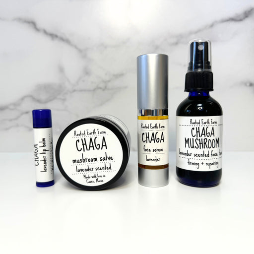 Rooted Earth Farm + Apothecary Chaga Skin Care Gift Set Herbal Salves + Balms White Smoke Unscented,Lavender