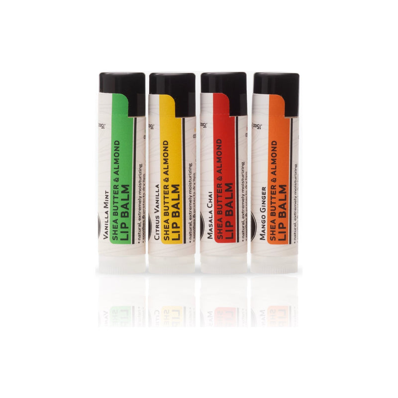 Heliotrope San Francisco Shea Butter & Almond Lip Balm Lip Balm Saddle Brown Citrus Vanilla,Vanilla Mint,Mango Ginger,Masala Chai,Set of 4 (1 of each)