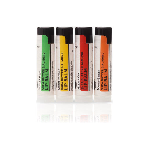 Heliotrope San Francisco Shea Butter & Almond Lip Balm Lip Balm Saddle Brown Citrus Vanilla,Vanilla Mint,Mango Ginger,Masala Chai,Set of 4 (1 of each)