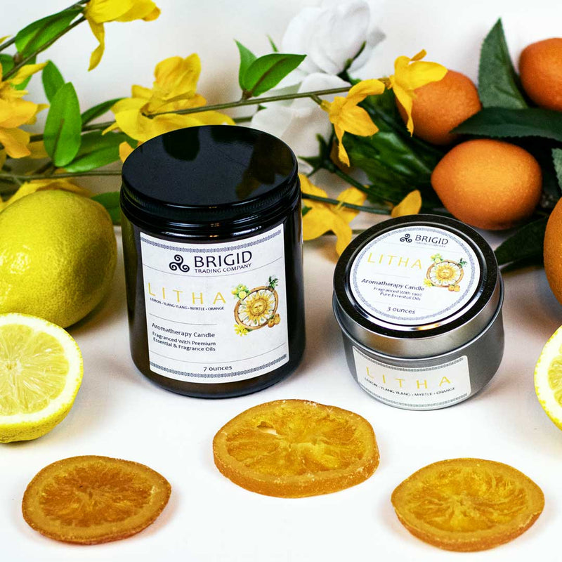 Brigid Trading Company Litha Soy Wax Candle – Lemon & Orange Natural Candle for the Summer Solstice Aromatherapy Candle White Smoke 7oz amber jar