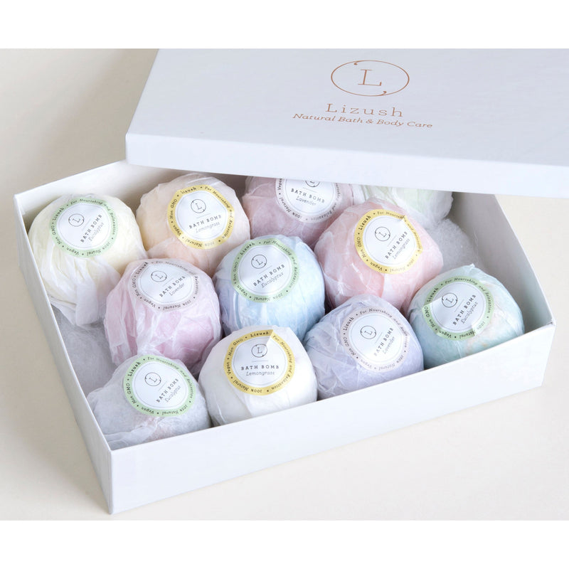 Lizush 11 Bath Bombs Gift Box +  one Free Bomb to make 12 !! BATH BOMBS & SHOWER STEAMERS Light Gray No name,Name on the box