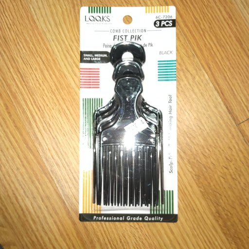 VIP Extensions Looks Afro Fist Pick, Black, 3 Pc Hair Comb Dark Khaki