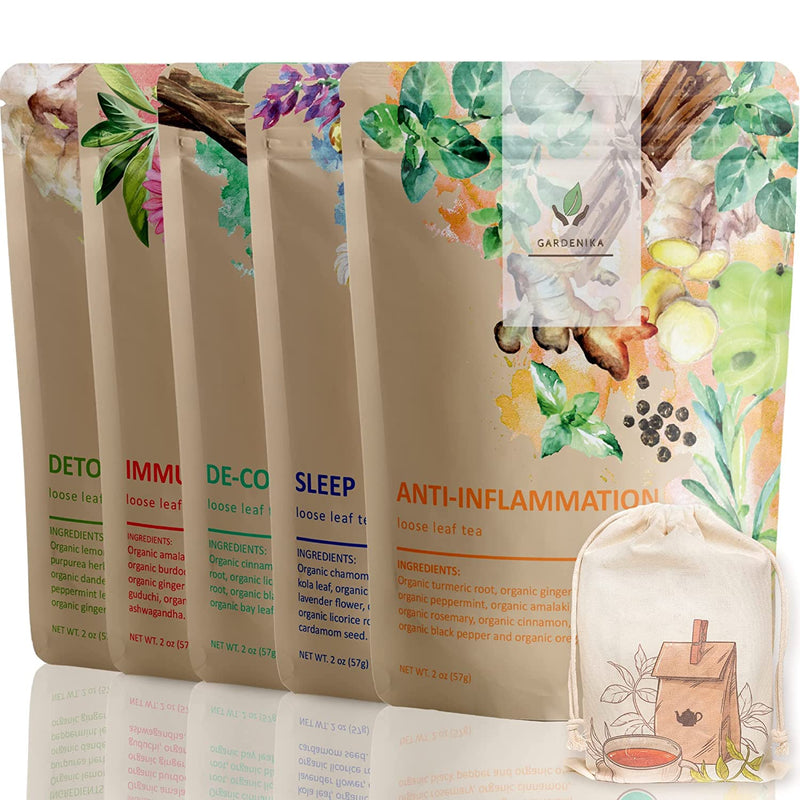 Gardenika Shop Herbal Tea Sampler, Organic Loose Leaf Herbal Gift Set, 5 Pack Loose Leaf Tea Sampler Dim Gray
