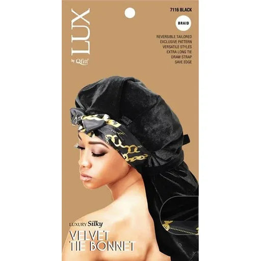 VIP Extensions Lux by Qfitt Luxury Silky Velvet Tie Bonnet Braid Hair Accessories Dark Khaki BLACK/CHAIN (7116)