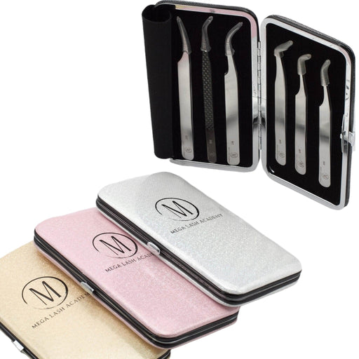 Mega Lash Academy Magnetic Tweezer Case Tweezers Black Twinkle Pink,Black Galaxy,Sparkly Gold,Diamond White