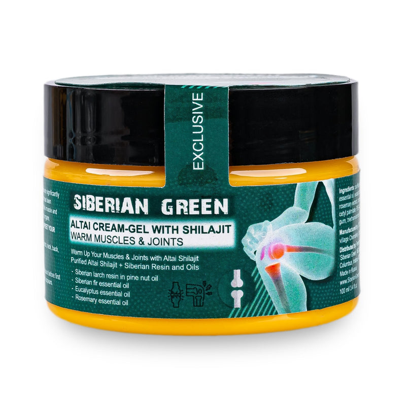 SiberianGreen.com Altai Cream-Gel “Warm Muscles & Joints” with Shilajit Pine Nut Essential Oils Resin and Herbs 100ml Massage Oil Black