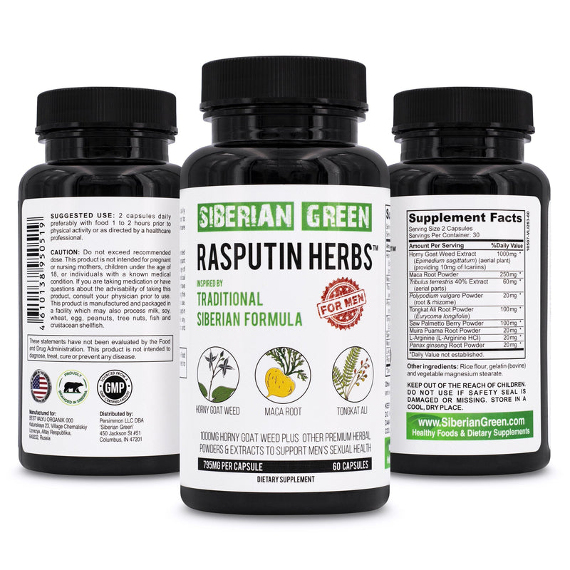 SiberianGreen.com Rasputin Herbs with Horny Goat Weed Maca Root Complex 60 Caps Herbal White Smoke