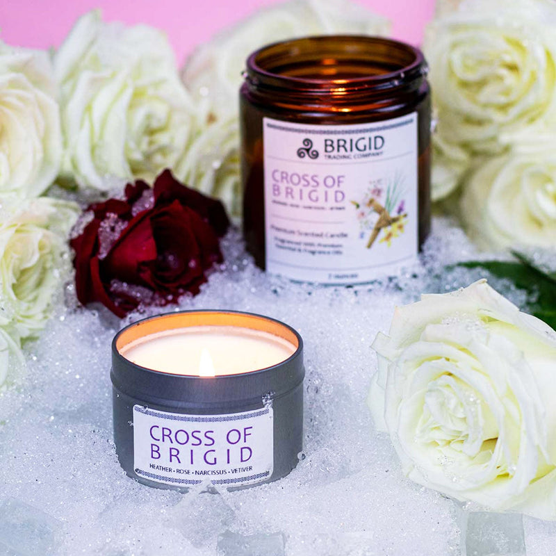 Brigid Trading Company Imbolc Soy Wax Candle - Heather, Rose, Narcissus & Vetiver Premium Scented Candle Light Gray 7oz amber jar,3oz pewter tin