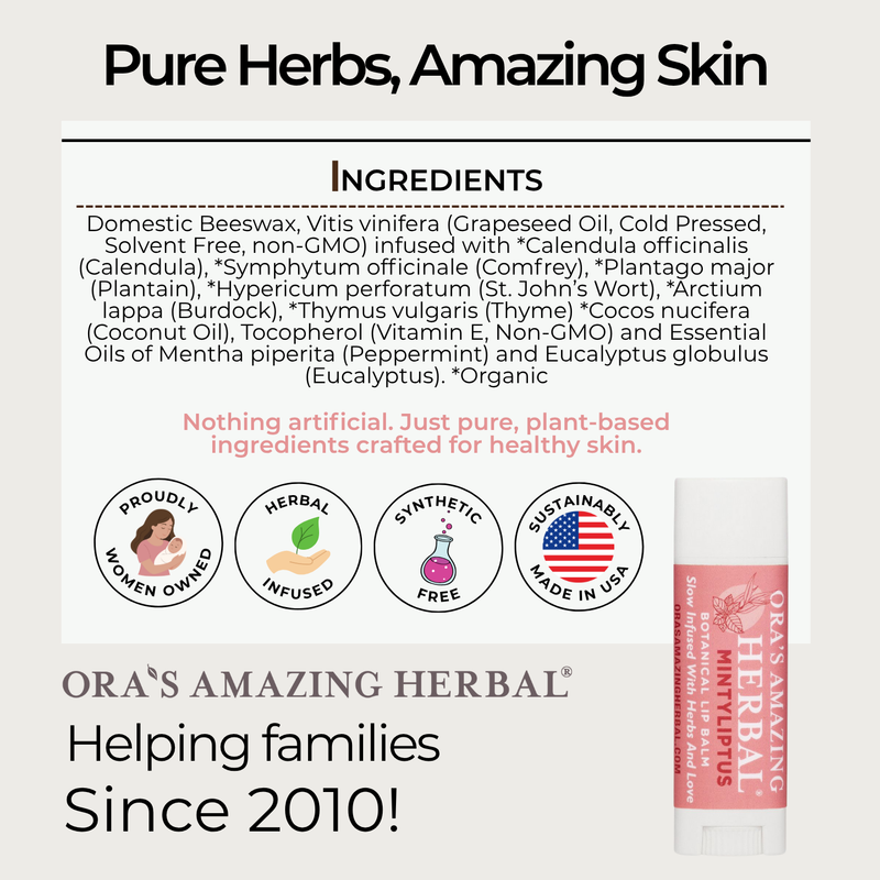 Ora's Amazing Herbal Natural Lip Balm, Herbal Infused, Mintyliptus Peppermint Eucalyptus White Smoke