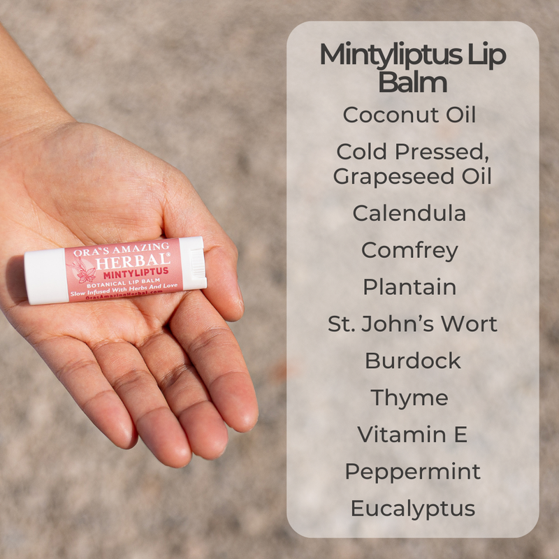 Ora's Amazing Herbal Natural Lip Balm, Herbal Infused, Mintyliptus Peppermint Eucalyptus Rosy Brown