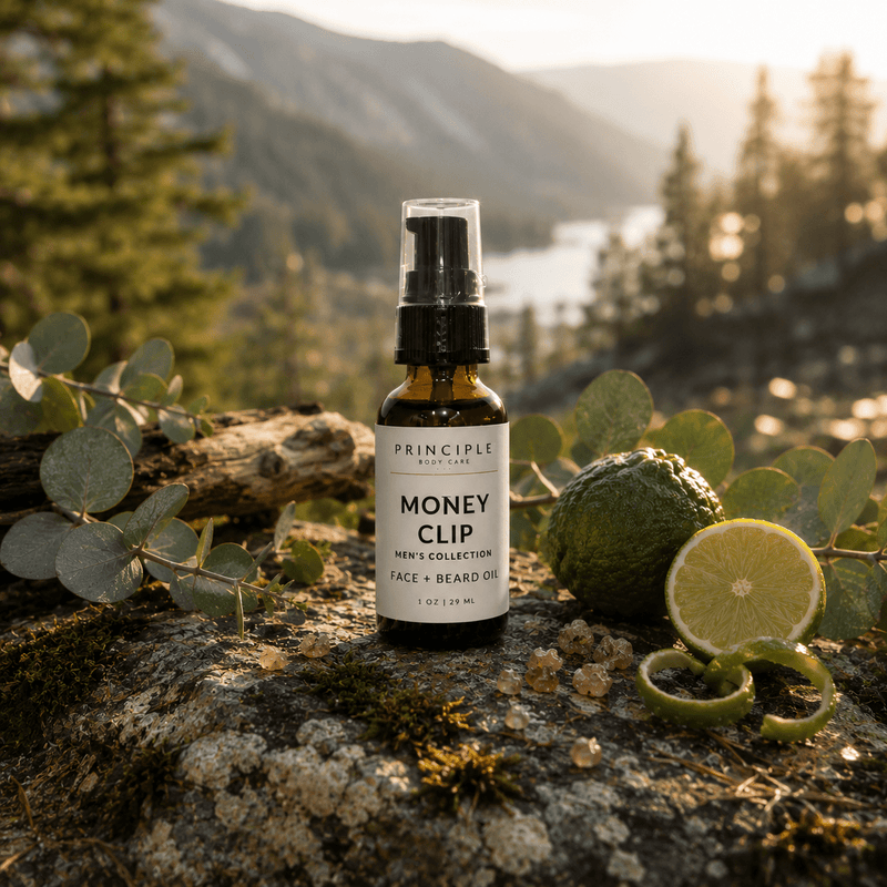 P R I N C I P L E Money Clip Beard + Face Oil Face Dark Slate Gray