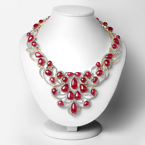 Bids.com 160.14 Carat Glass Filled Ruby and White Diamond .925 Sterling Silver Necklace Necklaces White Smoke