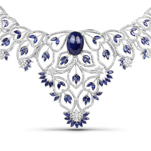 Bids.com 40.93 Carat Genuine Glass Filled Sapphire and White Diamond .925 Sterling Silver Necklace Necklaces White Smoke Default Title