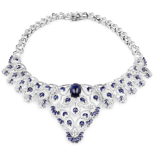 Bids.com 40.93 Carat Genuine Glass Filled Sapphire and White Diamond .925 Sterling Silver Necklace Necklaces White Smoke