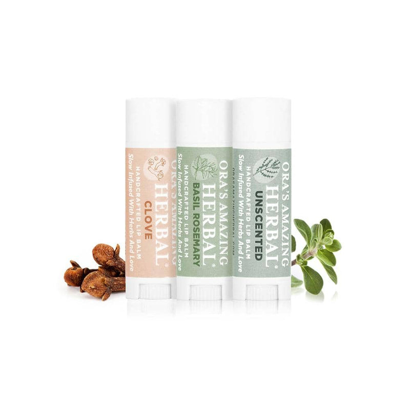 Ora's Amazing Herbal Natural Lip Balm 3 Pack, Clove, Basil Rosemary, Unscented White Smoke