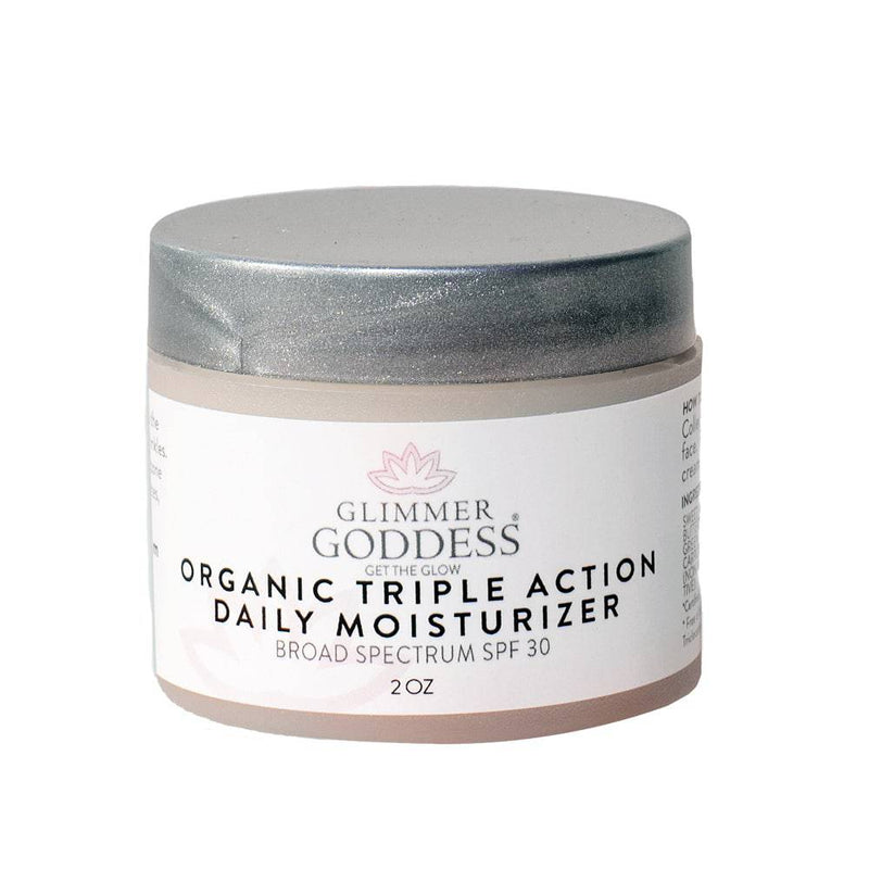 Glimmer Goddess® Organic Skin Care Triple Action Daily Moisturizer – Organic SPF 30 Face Moisturizers Light Gray 2 oz. JAR / Lightly scented,2 oz. JAR / Unscented – great for extra-sensitive skin,2 oz. Airless Bottle - SUMMER VERSION / Lightly scented,2 oz. Airless Bottle - SUMMER VERSION / Unscented – great for extra-sensitive skin