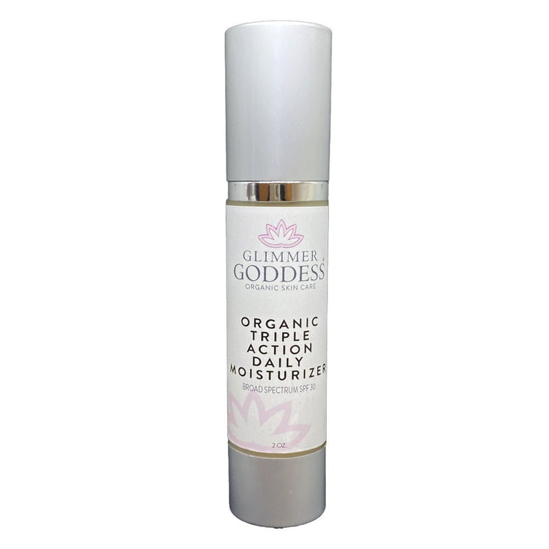 Glimmer Goddess® Organic Skin Care Triple Action Daily Moisturizer – Organic SPF 30 Face Moisturizers Light Gray 2 oz. JAR / Lightly scented,2 oz. JAR / Unscented – great for extra-sensitive skin,2 oz. Airless Bottle - SUMMER VERSION / Lightly scented,2 oz. Airless Bottle - SUMMER VERSION / Unscented – great for extra-sensitive skin