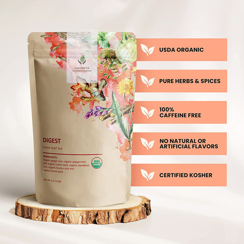 Gardenika Shop Digest Awake Tea, Bloating & Stomach Ease | Ayurvedic | Organic Loose Leaf Tea Lavender
