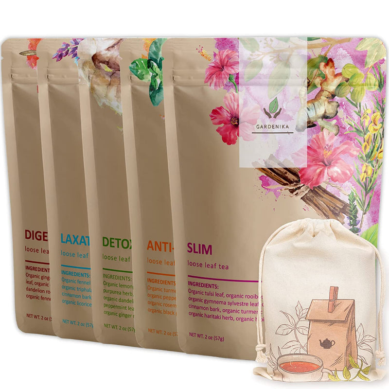 Gardenika Shop Organic Tea Sampler, 5 Caffeine-Free Wellness Herbal Blends Loose Leaf Tea Sampler Dim Gray