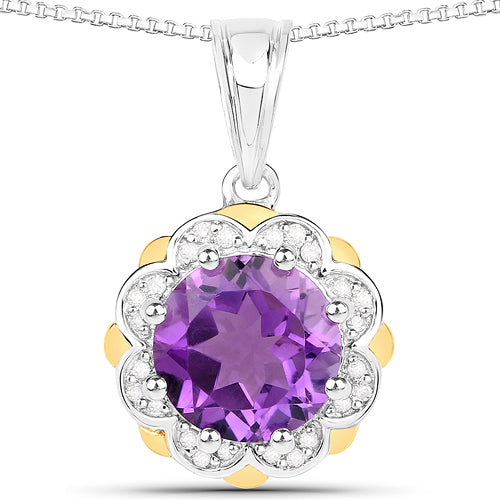 Bids.com 1.87 Carat Genuine Amethyst and White Diamond 14K Yellow Gold with .925 Sterling Silver Pendant Pendants White Smoke Default Title
