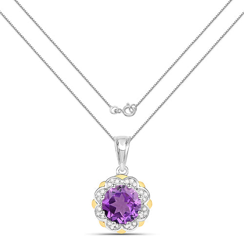 Bids.com 1.87 Carat Genuine Amethyst and White Diamond 14K Yellow Gold with .925 Sterling Silver Pendant Pendants White Smoke