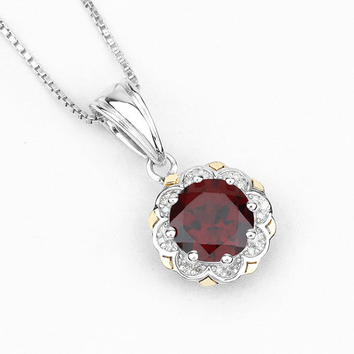Bids.com 2.32 Carat Genuine Garnet and White Diamond 14K Yellow Gold with .925 Sterling Silver Pendant Pendants White Smoke