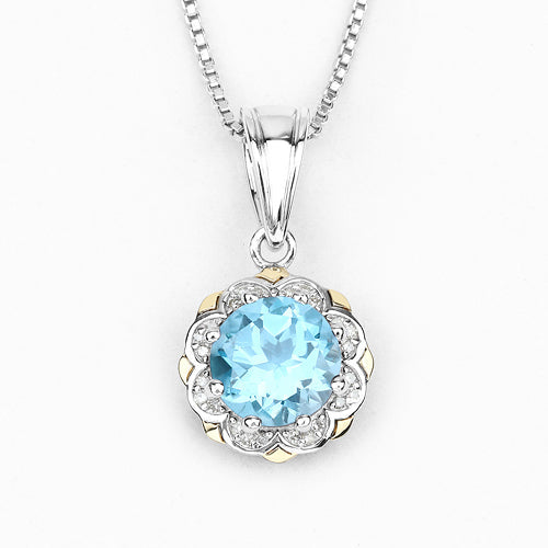 Bids.com 2.32 Carat Genuine Swiss Blue Topaz and White Diamond 14K Yellow Gold with .925 Sterling Silver Pendant Pendants White Smoke