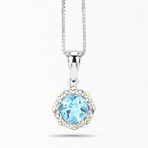 Bids.com 2.32 Carat Genuine Swiss Blue Topaz and White Diamond 14K Yellow Gold with .925 Sterling Silver Pendant Pendants White Smoke