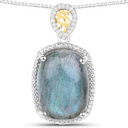 Bids.com 11.05 Carat Genuine Labradorite and White Diamond 14K Yellow Gold with .925 Sterling Silver Pendant Pendants White Smoke Default Title