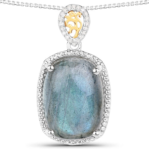 Bids.com 11.05 Carat Genuine Labradorite and White Diamond 14K Yellow Gold with .925 Sterling Silver Pendant Pendants White Smoke Default Title