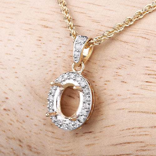 Bids.com 0.18 Carat Genuine White Diamond 14K Yellow Gold Semi Mount Pendant - holds 8x6mm Oval Gemstone Pendants Light Gray