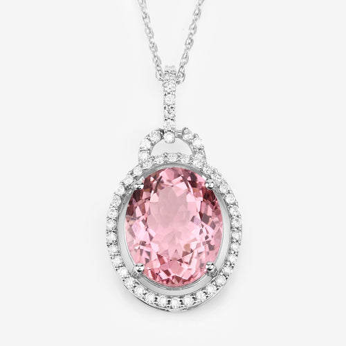 Bids.com 3.90 Carat Genuine Pink Tourmaline and White Diamond 14K White Gold Pendant Pendants White Smoke