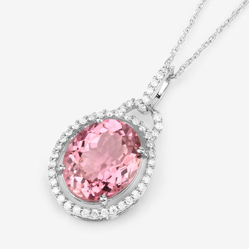 Bids.com 3.90 Carat Genuine Pink Tourmaline and White Diamond 14K White Gold Pendant Pendants White Smoke