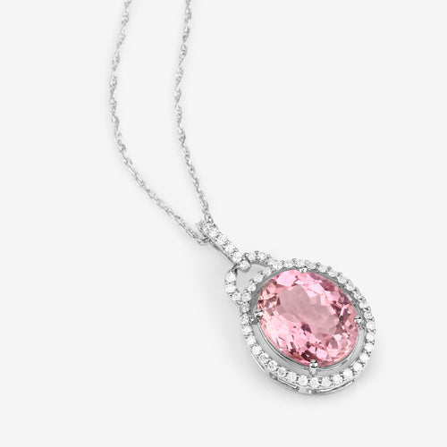 Bids.com 3.90 Carat Genuine Pink Tourmaline and White Diamond 14K White Gold Pendant Pendants White Smoke