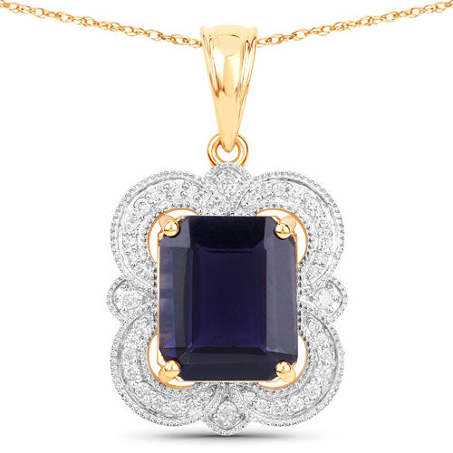 Bids.com 4.07 Carat Genuine Iolite and White Diamond 14K Yellow Gold Pendant Pendants White Smoke Default Title