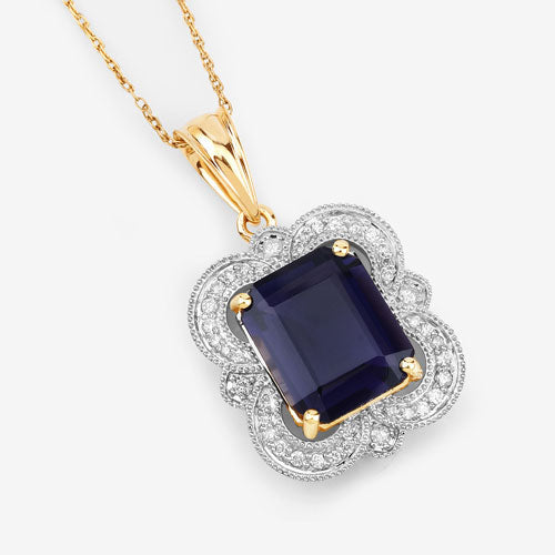 Bids.com 4.07 Carat Genuine Iolite and White Diamond 14K Yellow Gold Pendant Pendants White Smoke