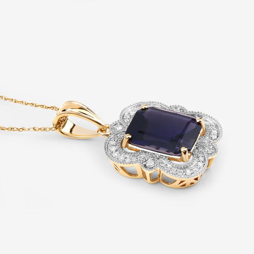 Bids.com 4.07 Carat Genuine Iolite and White Diamond 14K Yellow Gold Pendant Pendants White Smoke