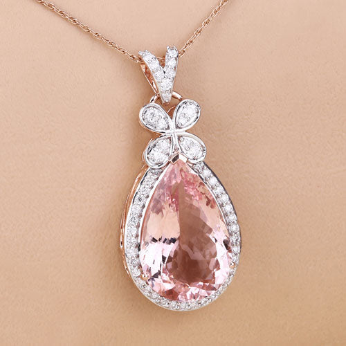 Bids.com 8.14 Carat Genuine Morganite and White Diamond 14K Rose Gold Pendant Pendants Tan