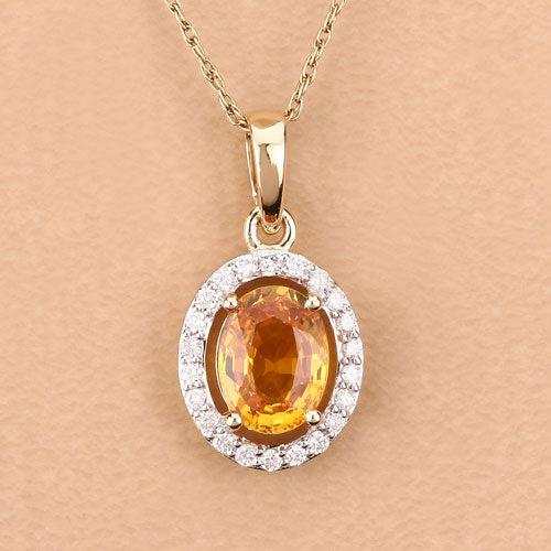 Bids.com 1.78 Carat Genuine Yellow Sapphire and White Diamond 14K Yellow Gold Pendant Pendants Tan