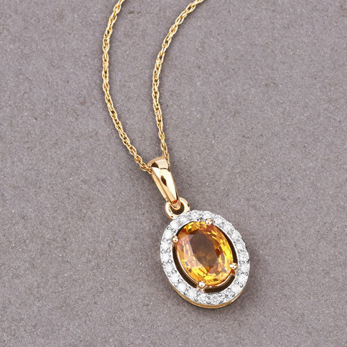 Bids.com 1.78 Carat Genuine Yellow Sapphire and White Diamond 14K Yellow Gold Pendant Pendants Dark Gray