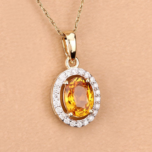 Bids.com 1.78 Carat Genuine Yellow Sapphire and White Diamond 14K Yellow Gold Pendant Pendants Tan